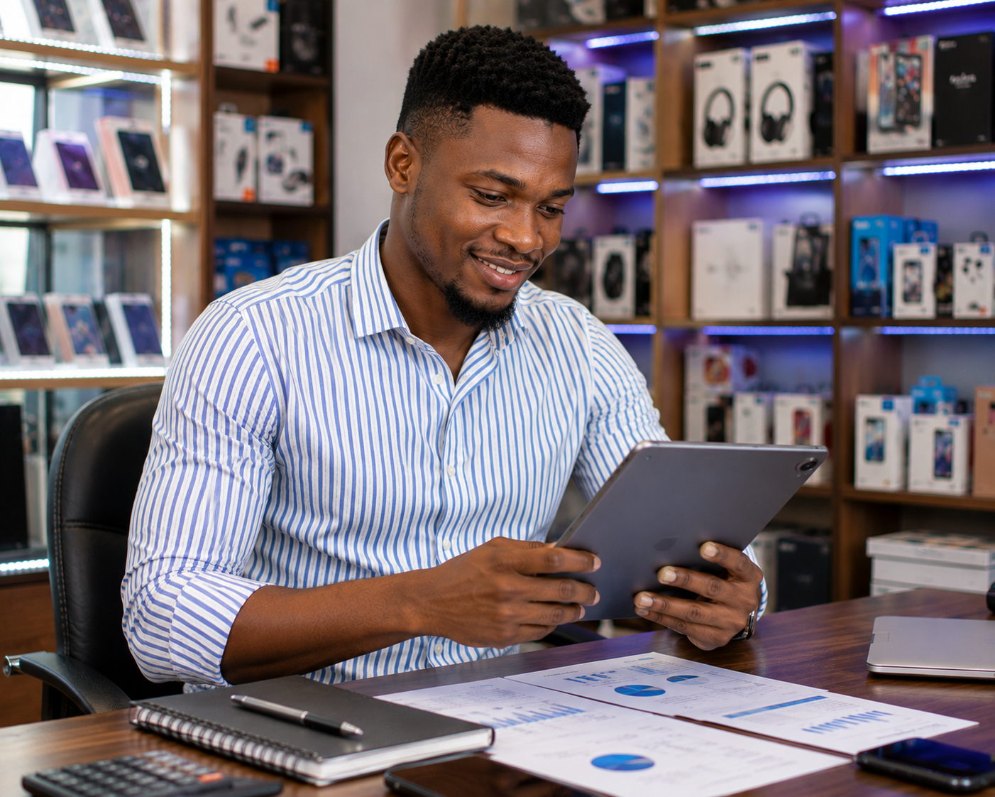 Small business owner reading financial reports in Cameroon