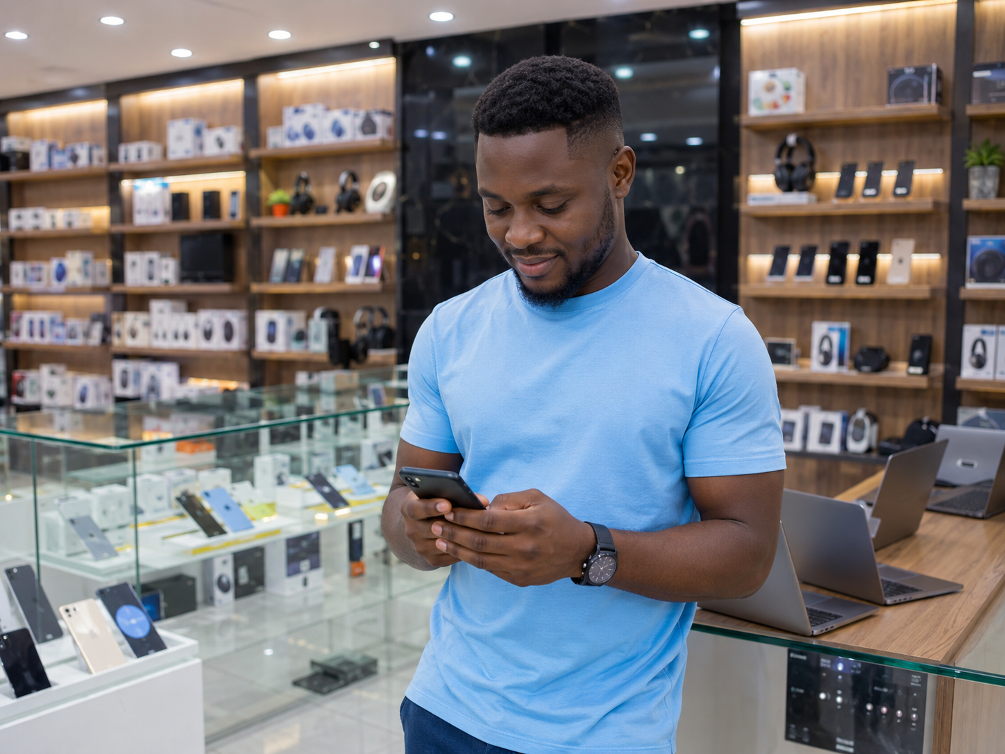 Business owner accepting mobile money payment in Cameroon