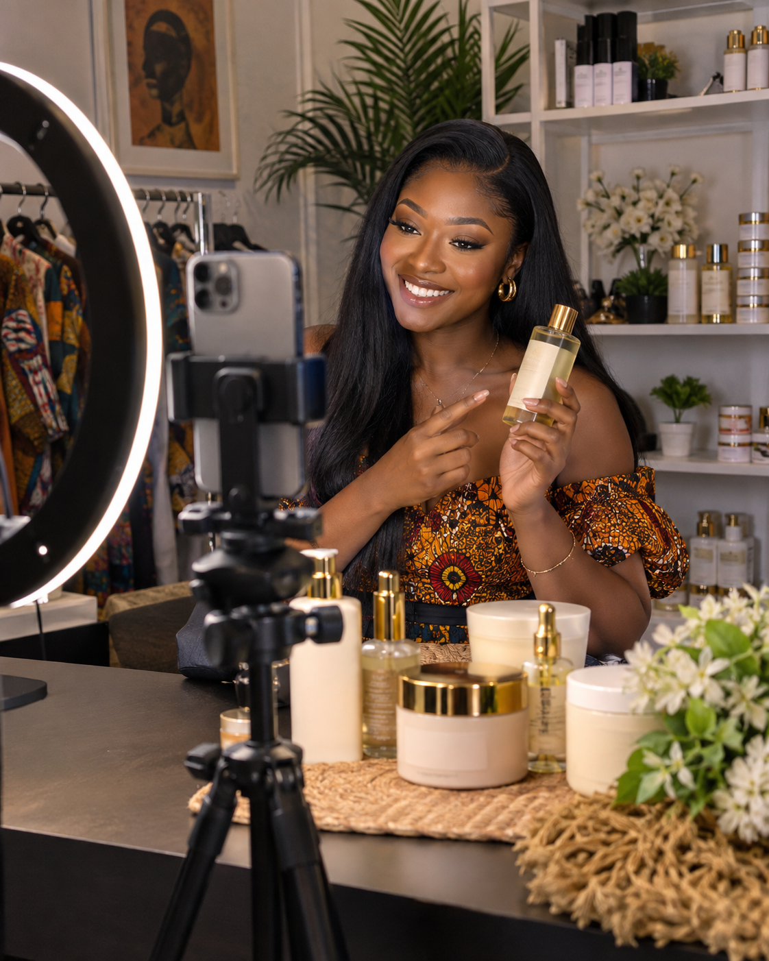 Cameroonian business owner using social media on phone