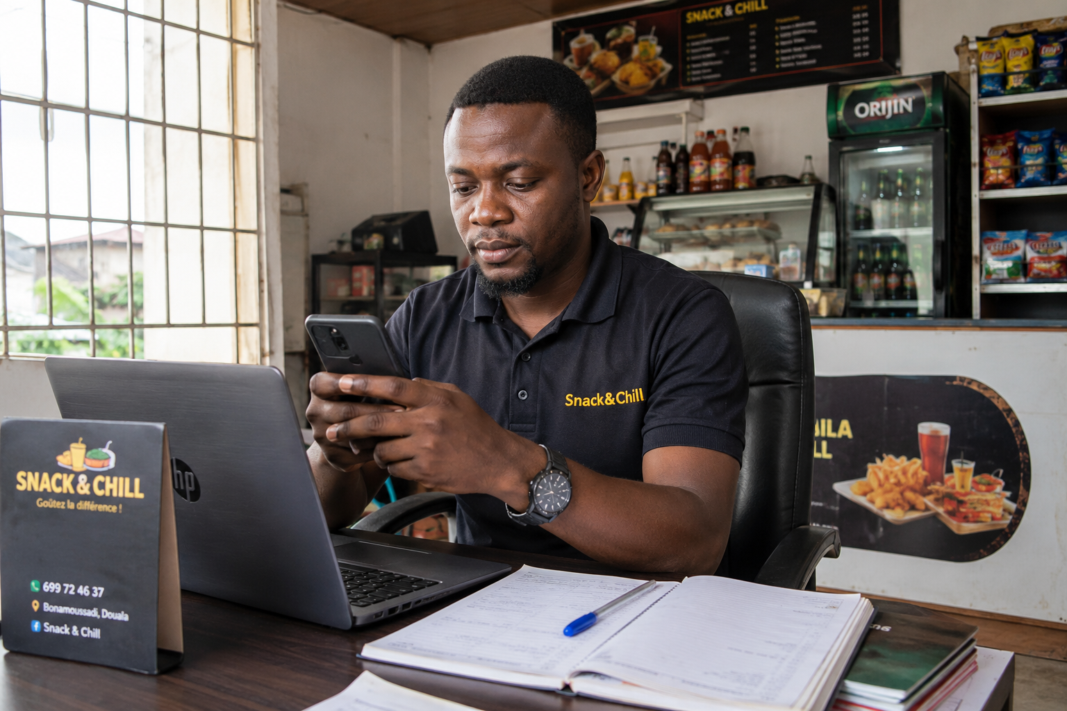 Cameroonian shop owner using WhatsApp Business on phone